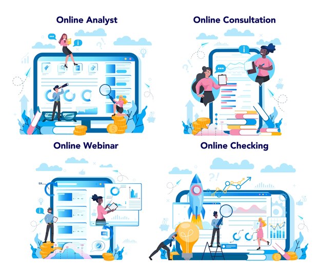 Online service of platform van bedrijfsanalist op verschillende apparaatconceptenset. Bedrijfsstrategie en projectmanagement, online consultatie en webinar.