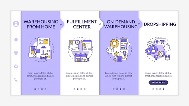 Online service for warehouse onboarding  template. dropshipping delivery. logistics management. responsive mobile website with icons. webpage walkthrough step screens. rgb color concept