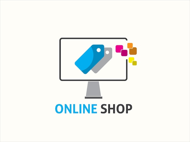 Online shop cart with computer website marketplace logo design