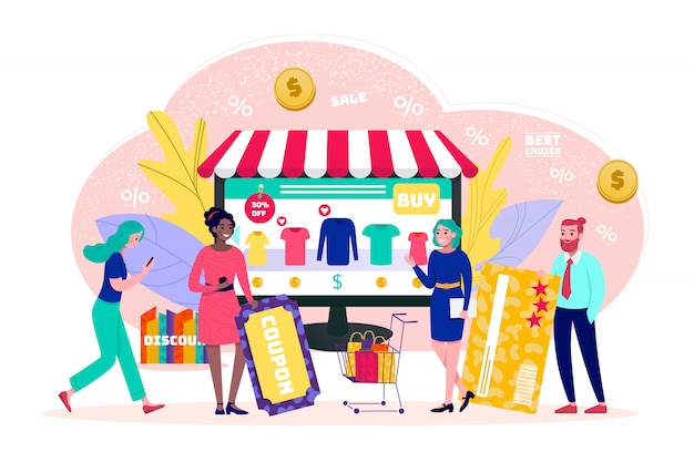 Vector online shop concept, sale, tiny people customers shoppers with visa online payment  illustration. online shop technology in internet. shopping cart, e-commerce technology, marketing.