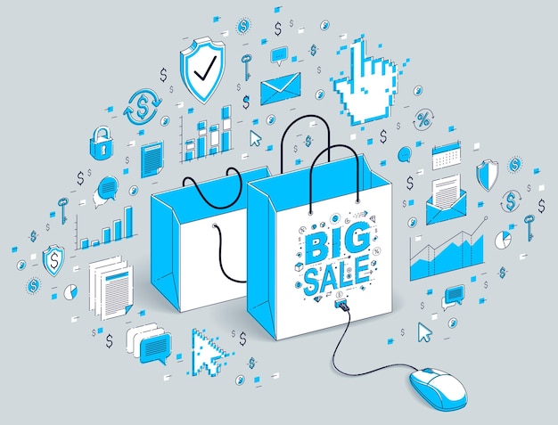 Online shop concept, web store, internet sales, shopping bag with pc mouse connected isolated on white. 3d vector business isometric illustration with icons, stats charts and design elements.