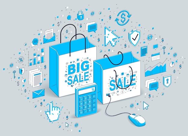 Online Shop concept, web store, internet sales, Shopping bag with pc mouse connected isolated on white. 3d vector business isometric illustration with icons, stats charts and design elements.