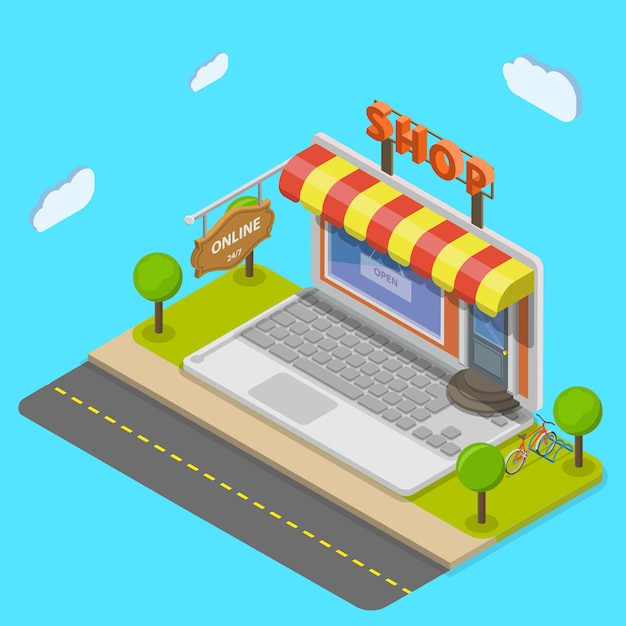 Online shop flat isometric vector concept.