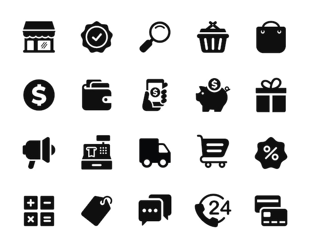 Set di icone di negozio online isolate su sfondo bianco set di icona di commercio elettronico