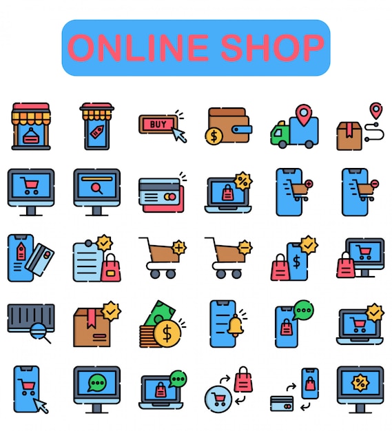 Vector online shop icons set, lineal color style