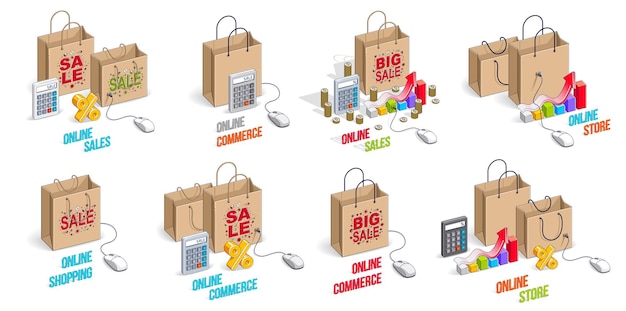 Vector online shop internet retail sale vector 3d illustrations set isolated on white background, shopping bags with pc mouse, store discount, black friday concept, clearance.