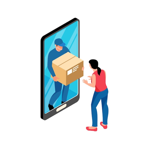 Online shop isometric illustration with customer and courier delivering goods 3d