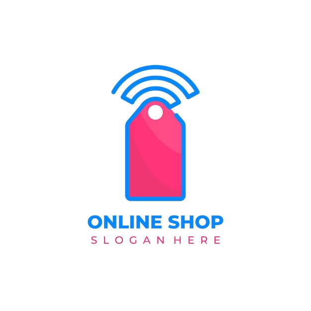 Combinazione di logo del negozio online, icona wifi con etichetta di prezzo di colore blu e rosa