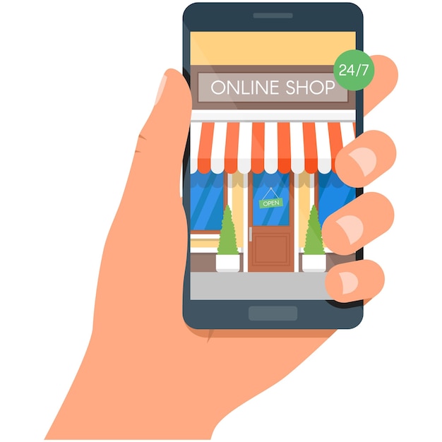 Negozio online sull'illustrazione vettoriale del negozio mobile del telefono