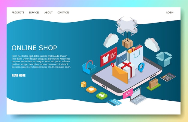 Online shop vector website landing page design template