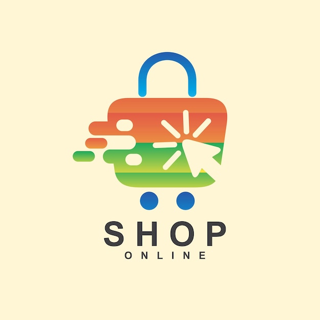 Vector online shop with bag and cursor click logo premium