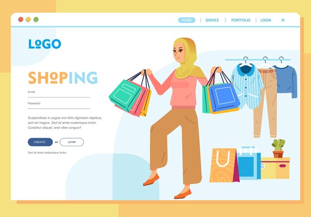 Vector online shop young happiness muslim hijab woman carrying shopping bags landing page web template