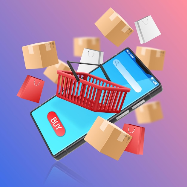 Online shopping 3D smartphone Parcel boxes Shop basket Business marketing Floating phone Boutique sale Order delivery Store website Credit card and receipt Vector background