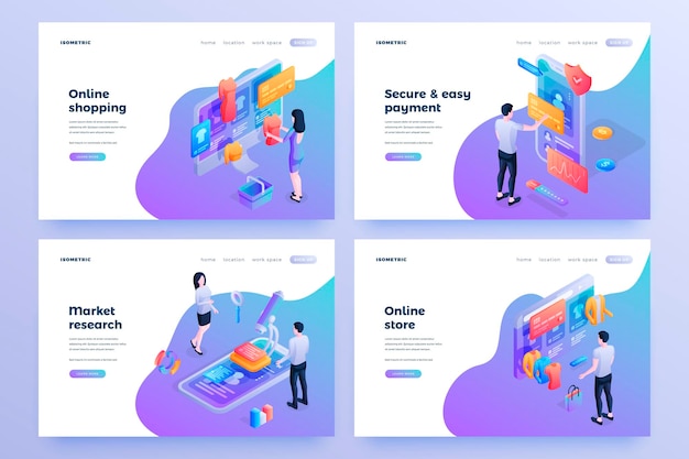 Vector online shopping advances isometric landing page templates set ecommerce market research online store secure and easy payments customers clients making purchases cartoon characters