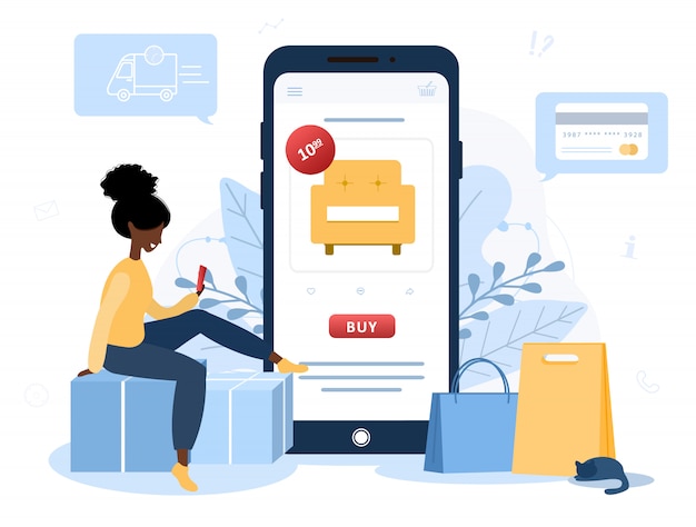 Online shopping. african woman shop at an online store sitting on floor. the product catalog on the web browser page. shopping boxes. stay at home background. quarantine or self-isolation. flat style.