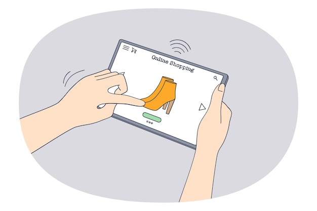 벡터 온라인 쇼핑 및 구매 개념 태블릿 화면에서 온라인으로 신발을 선택하는 인간의 손은 인터넷 벡터 일러스트레이션에서 쇼핑 및 결제를 합니다.