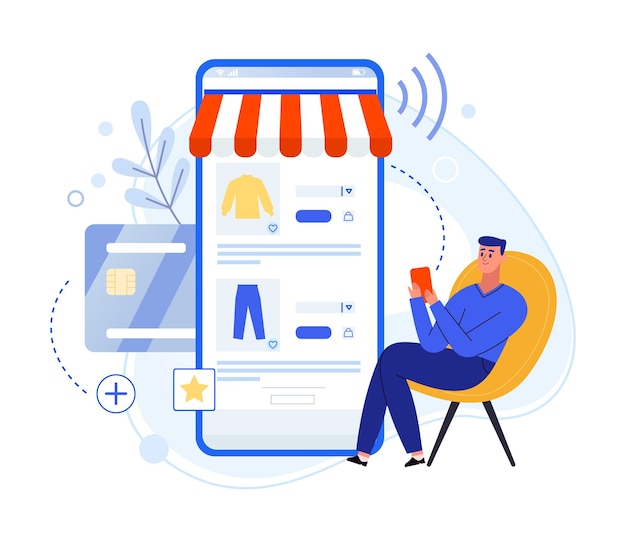 Vector online shopping app man zit op een stoel en koopt kleding in smartphone betalen met creditcard mannelijk karakter