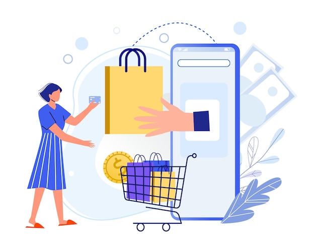 Vettore app per lo shopping online donna che paga l'acquisto con carta di credito schermo dello smartphone con mano che fornisce la borsa della spesa