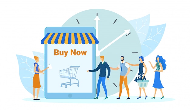 Vector online shopping applicatie, nu kopen banner.