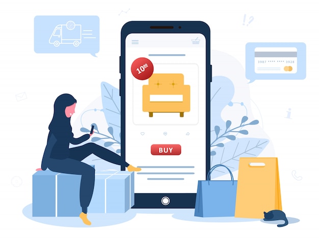ベクトル オンラインショッピング。床に座ってオンラインストアでアラブの女性ショップ。 webブラウザページの製品カタログ。ショッピングボックス。家の背景に滞在します。隔離または自己分離。フラットスタイル。