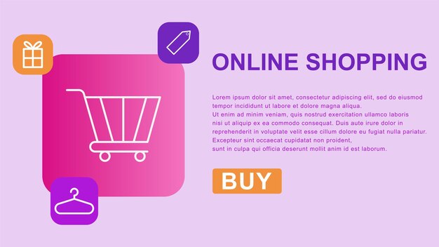 Online shopping banner background with hanger, sale tag, and gift box. Vector stock illustration.