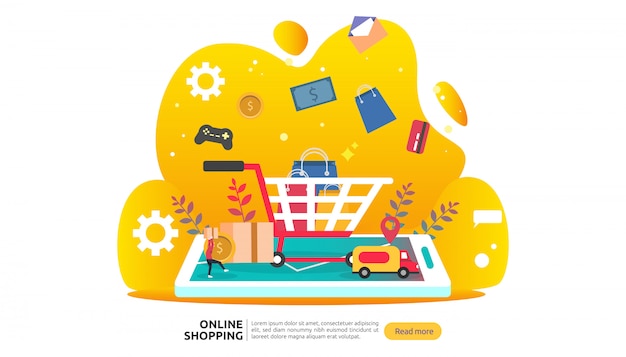 Vettore modello di banner dello shopping online. concetto di business per la vendita di e-commerce.