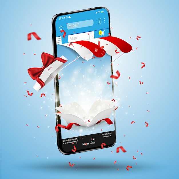 Online shopping banner with a large smartphone with presents boxes