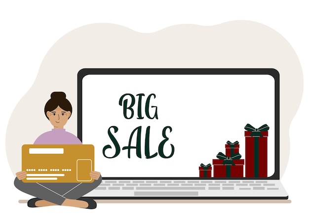 Vector online shopping big sale a woman sits crosslegged in his hands holding a shopping card next to a laptop with gifts