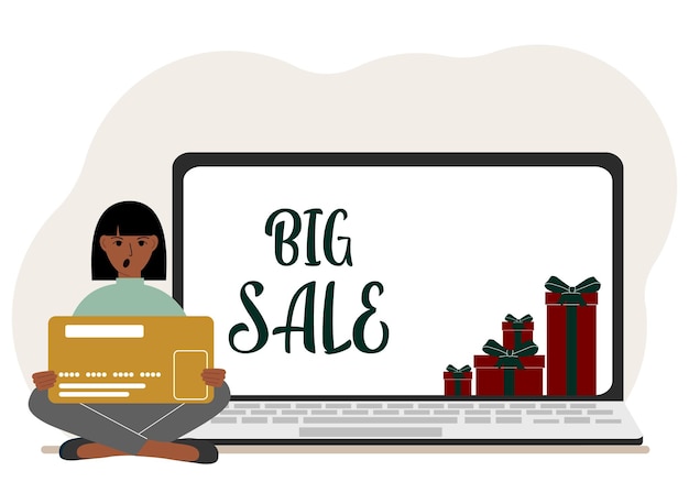 Vector online shopping big sale a woman sits crosslegged in his hands holding a shopping card next to a laptop with gifts