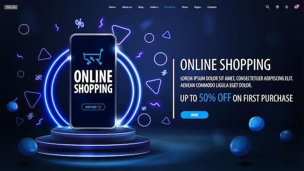 Online shopping blue web banner with smartphone on blue podium with blue neon rings
