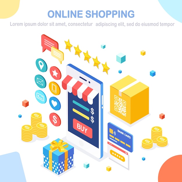 Online shopping . Buy in retail shop by internet. Discount sale.  isometric mobile phone, smartphone with money, credit card, customer review, feedback, gift box.   