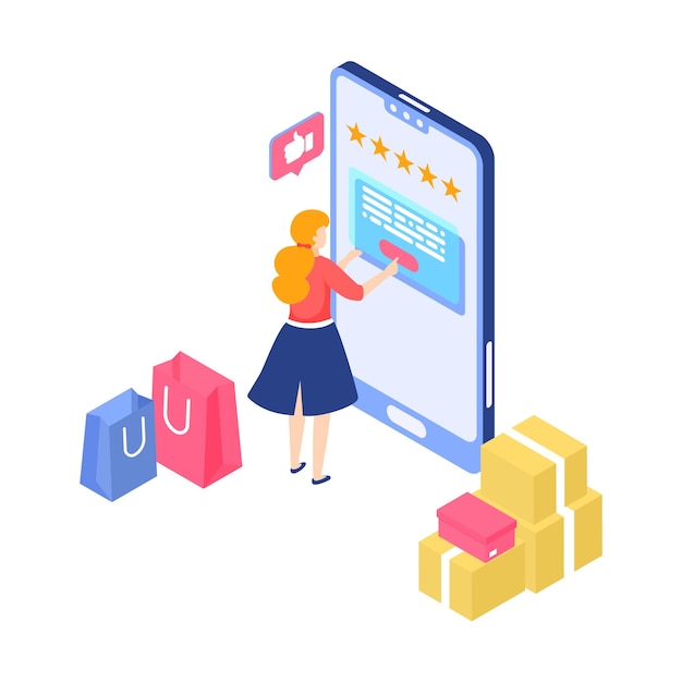 Vector online shopping cartoon woman makes purchases in mobile application smartphone app with customer feedback buyer evaluates shop services and delivery vector internet store concept