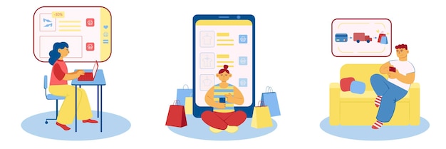 Персонажи онлайн-покупок используют мобильное приложение и интернет-магазин для покупки товаров концепции электронной коммерции