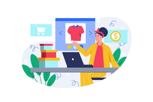 Vector online shopping color concept with people scene in the flat cartoon design