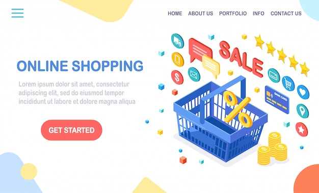 Online shopping concept. Buy in retail shop by internet. Discount sale. 3d isometric basket with money, credit card, customer review, feedback, store icons. design for banner