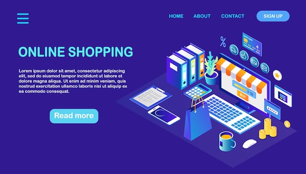 Online shopping concept. Buy in retail shop by internet Discount sale Isometric computer, money, bag