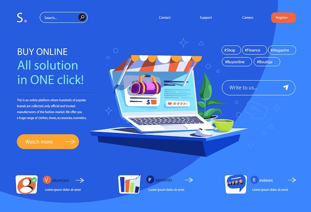 Online shopping concept in flat cartoon design for homepage layout Selecting products on website of store placing order and paying for purchase Vector illustration for landing page and web banner