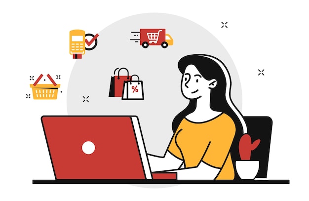 Online shopping concept girl sits at laptop and chooses purchases for herself online store modern