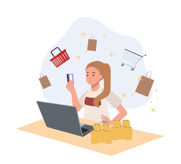 Concetto di shopping online donna felice che acquista prodotti nel negozio online con illustrazione vettoriale della carta di credito