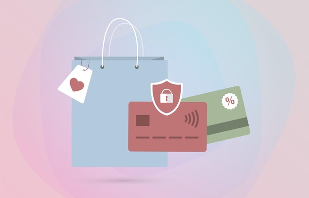 Online Shopping concept illustratie met creditcard en boodschappentas