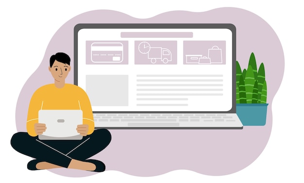 Online shopping concept. A man is sitting cross-legged with a laptop. Close-up of a laptop with an open website page. Vector flat illustration