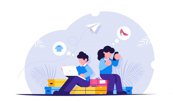 Vector online shopping concept. man and woman shop online using laptop and mobile phone. people are sitting on shopping boxes.