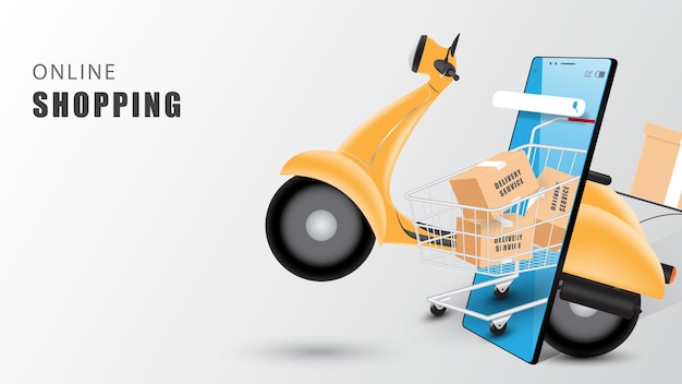 Online shopping concept on mobile phone parcel box in the cart out of mobile phone with motorcycle