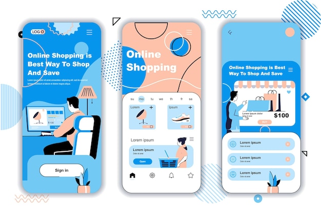 Online shopping concept onboarding screens for mobile app templates buyers choose products and pay