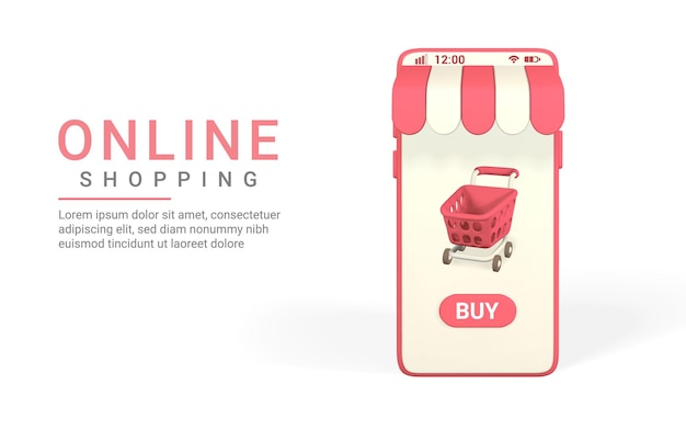 Online shopping concept. Realistic 3d mobilephone with red shopping cart. Online store. Vector illustration.