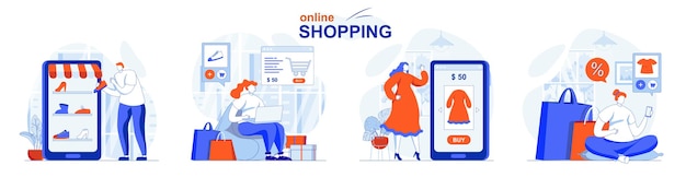 Vettore il concetto di shopping online imposta gli acquirenti che selezionano i prodotti sul sito pagano e ricevono l'ordine