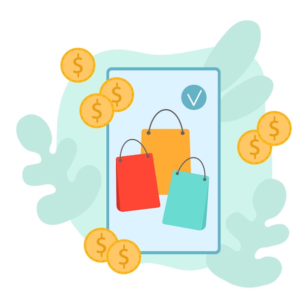 Online shopping concept. Shopping from a phone, smartphone on the Internet. Coins, bags and packages