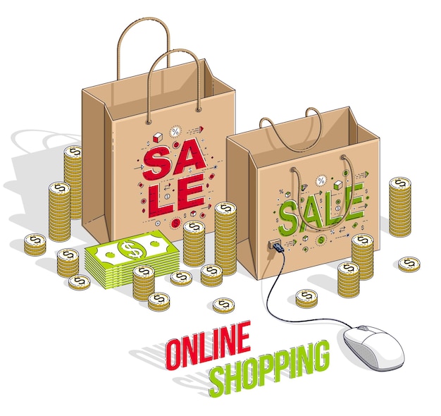 Online Shopping concept, web store, internet sales, Shop bag with pc mouse and cash money stacks isolated on white. Vector 3d isometric business and finance illustration, thin line design.