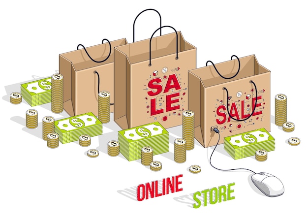 Online Shopping concept, web store, internet sales, Shop bag with pc mouse and cash money stacks isolated on white. Vector 3d isometric business and finance illustration, thin line design.