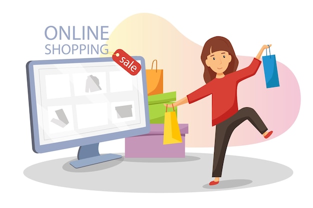 Vettore concetto di shopping online sito web sul monitor ragazza felice dello shopping marketing e marketing digitale